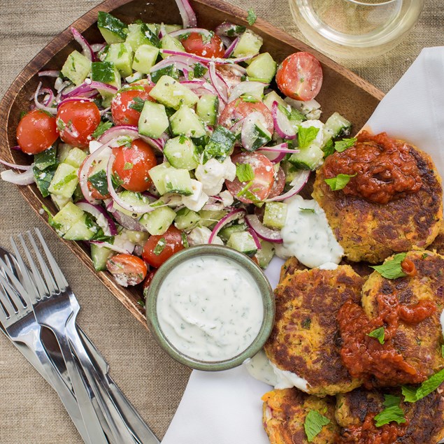 Turkish Fritters with Greek Salad and Minted Yoghurt