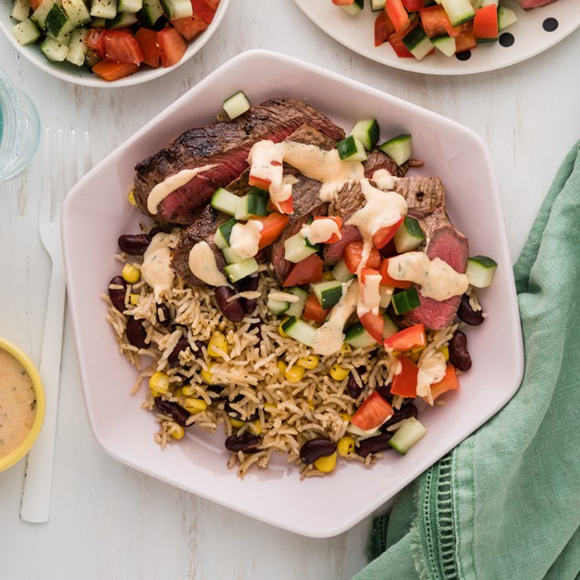 Red Chimi Beef Bowls with Rice & Beans