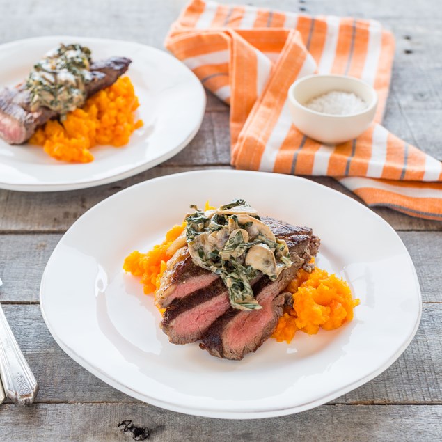 Scotch Steaks with Butternut Carrot Mash and Mushroom Sauce