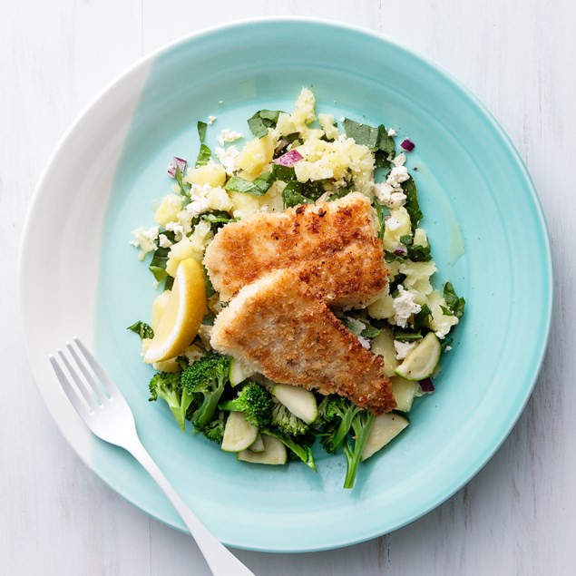 Crumbed Fish with Crushed Potatoes and Greens