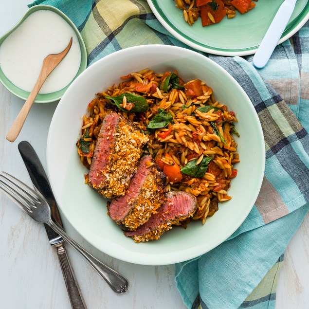 Crumbed Beef Steaks with Orzo Marinara & Garlic Cream