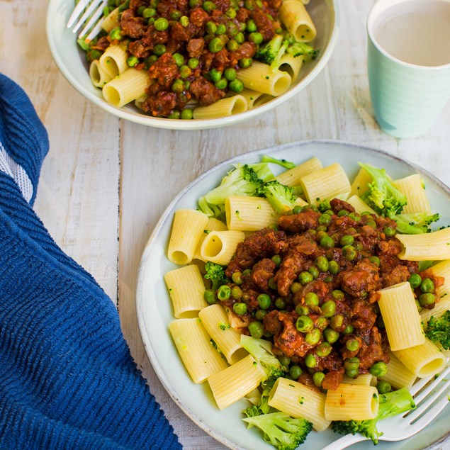 Beef, Bacon and Pea Ragout with Broccoli Rigatoni