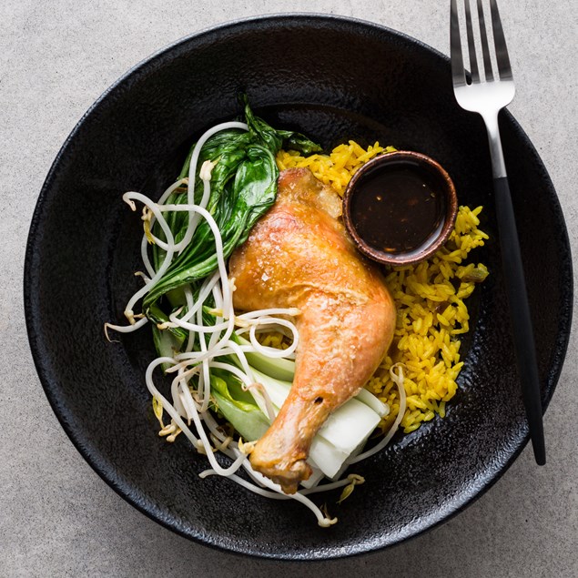 Confit Roast Chicken with Turmeric Rice and Asian Greens
