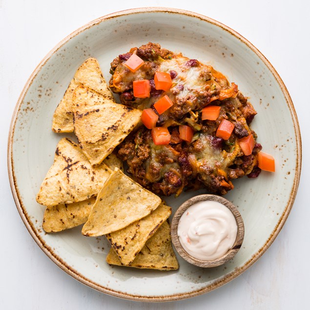 Beef Nachos with Corn Chips and Sweet Chilli Sour Cream