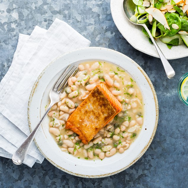 Salmon Piccata with White Beans and Spinach Salad