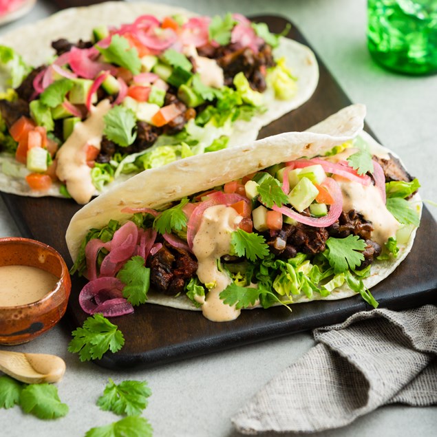 Pulled Mushroom & Black Bean Tacos with Pickled Onion & Smoked Paprika Mayo