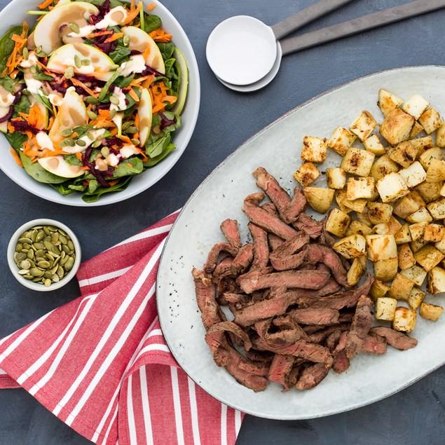 Beef Steak with Beetroot, Carrot and Creamy Balsamic Salad
