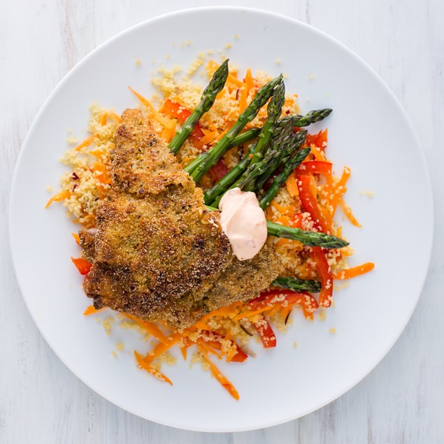 Pistachio Crusted Beef Schnitzel with Asparagus and Couscous