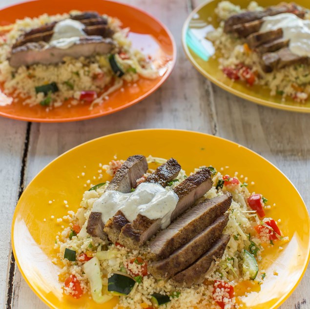 Moroccan-Spiced Pork with Vegetable Couscous and Yoghurt Dressing