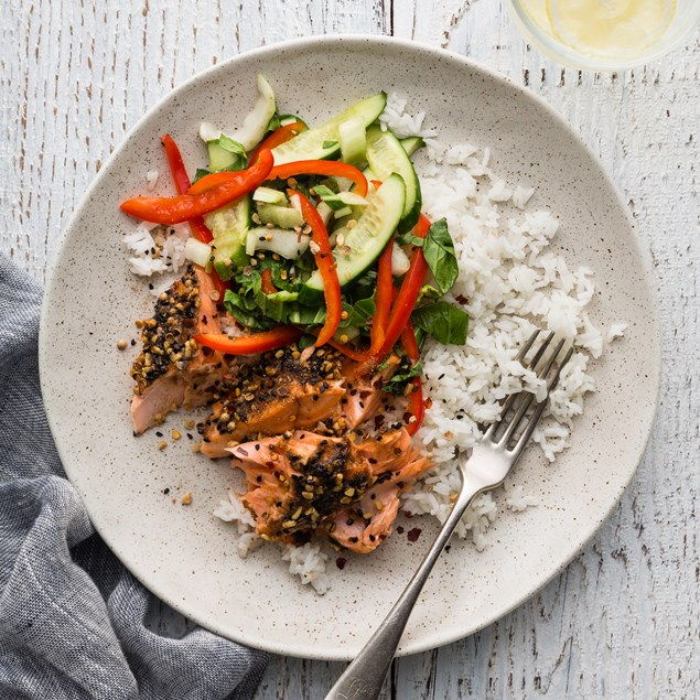 Baked Salmon with Asian Peanut Dukkah and Salad