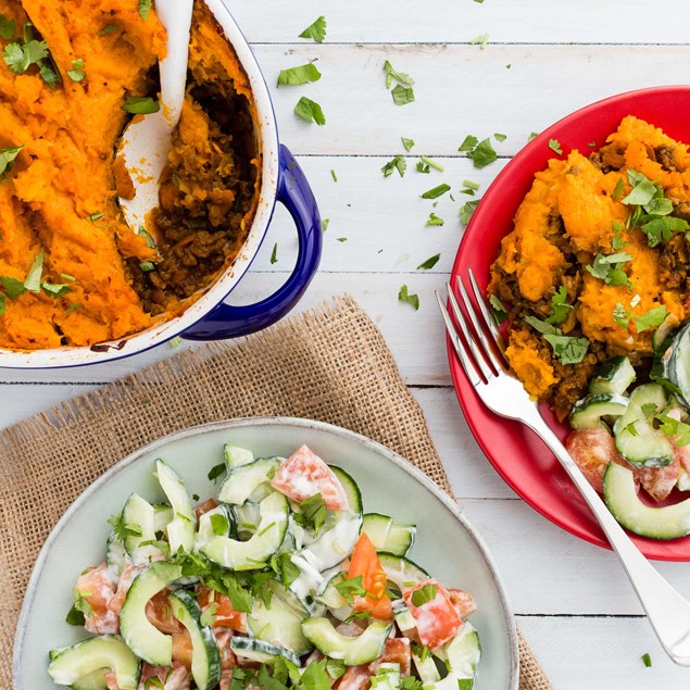 Indian Beef and Kumara-Top Pie with Raita Salad