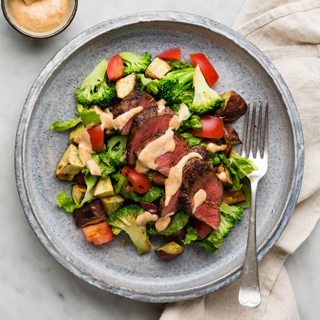 Tomato Pesto Beef Rump with Kumara Broccoli Salad