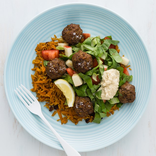 Moroccan Beef Meatballs with Rice and Hummus