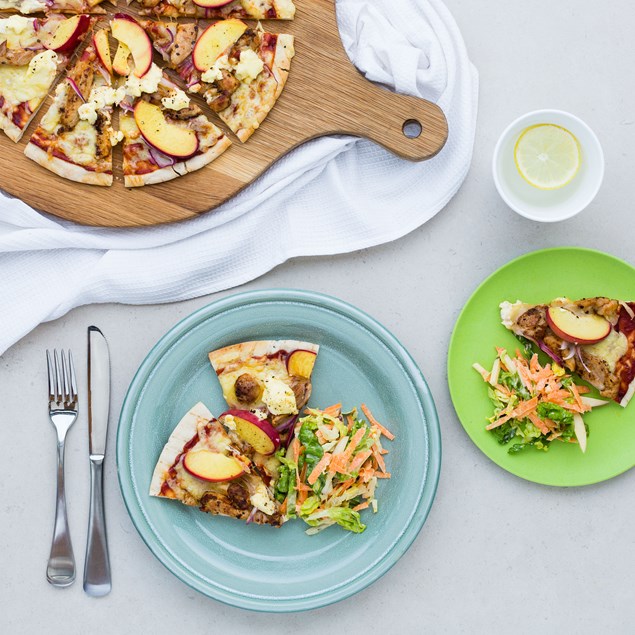 Chicken, Peach and Cream Cheese Pizzas with Lettuce Slaw