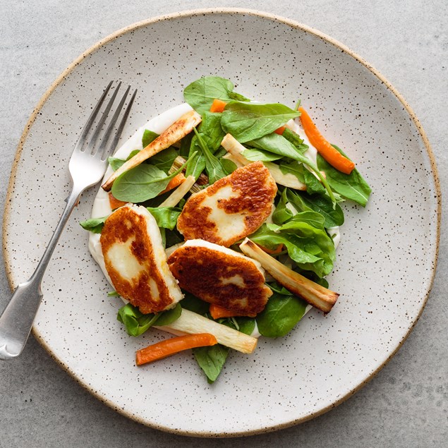 Lemon Halloumi with Cauliflower Purée and Caramelised Parsnips 