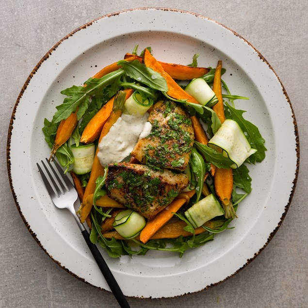 Lemon and Tarragon Fish with Roasted Baby Carrots and Caper Crème 