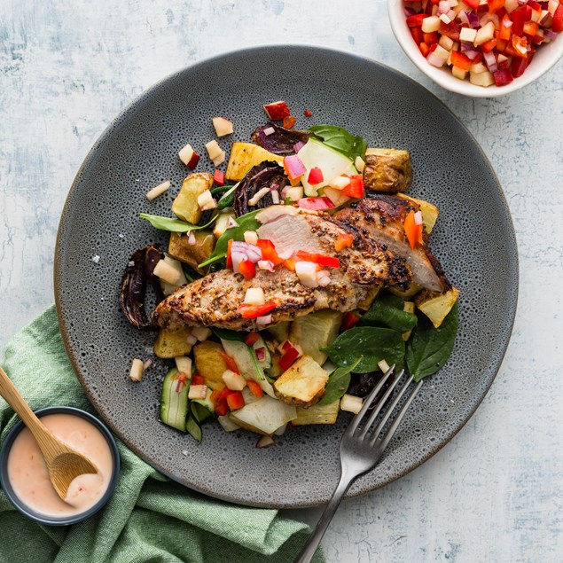 Mustard Pork with Apple Salsa and Crunchy Potatoes 