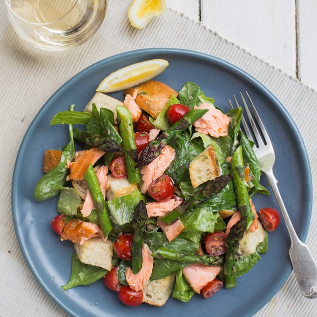 Wood Roasted Salmon Salad with Garlic Croutons and Asparagus
