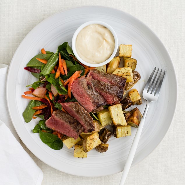 Beef Sirloin Steaks with Beetroot, Carrot and Creamy Balsamic Salad