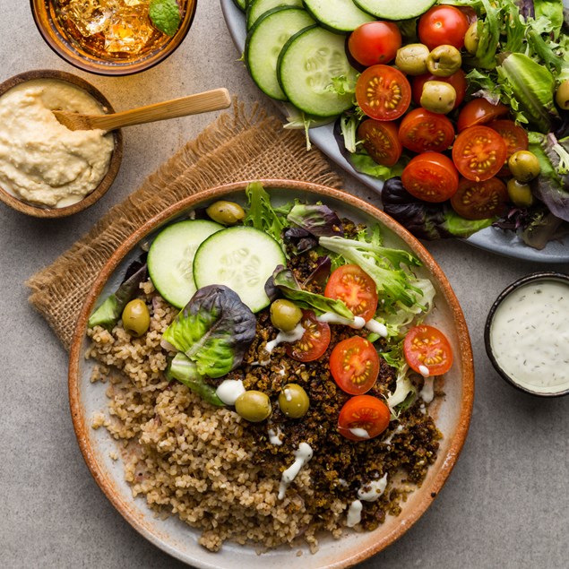 Greek Falafel Mezze Plates with Hummus, Bulgur Pilaf & Olives - My Food Bag