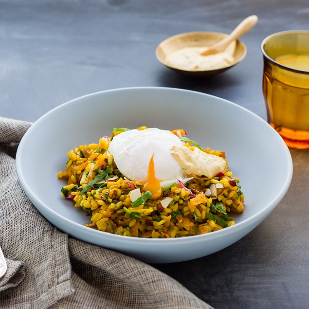 Jewelled Brown Rice Bowl with Poached Egg Chermoula Mayonnaise