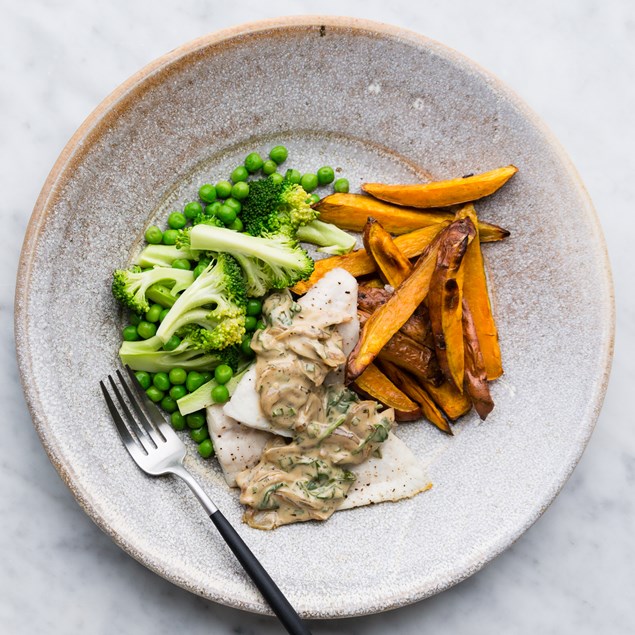 Fish with Tarragon and Chive Cream Sauce with Kumara Chips My Food Bag