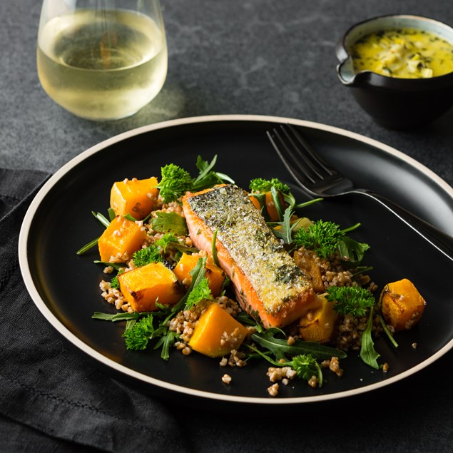 Tarragon Salmon with Creamy Leeks and Farro Salad