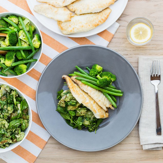 Pan-Fried Fish with Basil Pesto Potatoes and Greens