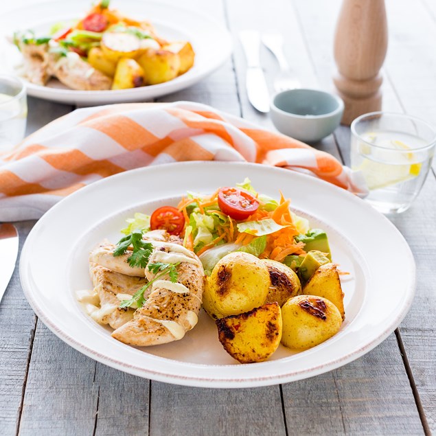 Chicken Salad with Roasties and Curry Yoghurt Dressing