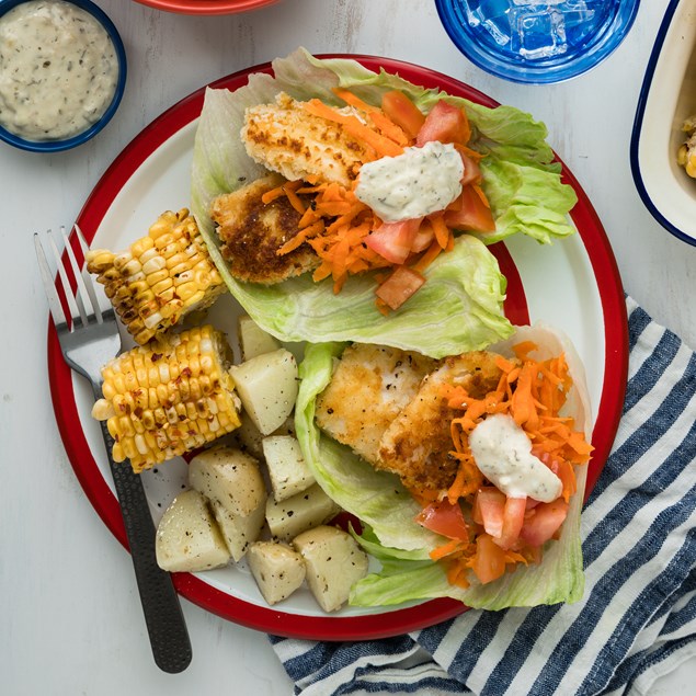 Crispy Fish Lettuce Wraps with Tartare Potato Salad