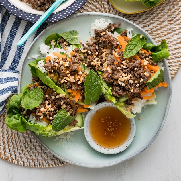 Thai Beef Laab with Coconut Rice & Lettuce Cups