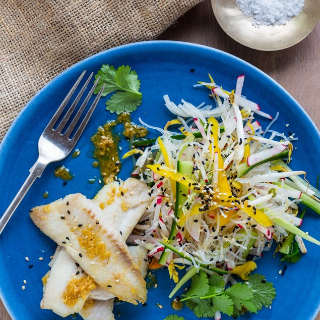 Pan-Fried Fish and Vermicelli Noodle Salad with Wasabi Ginger Soy Dressing