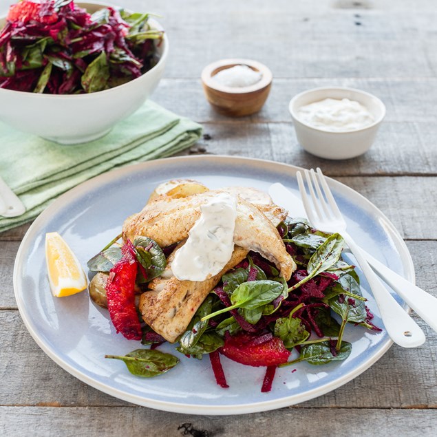 Pan-Fried Fish with Lemon Caper Mayo and Crispy Potatoes