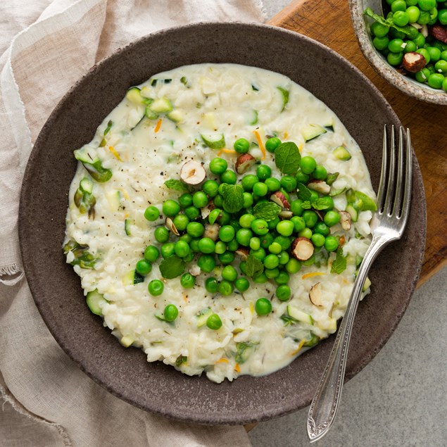 Spring Risotto with Pea, Mint and Hazelnut Salad