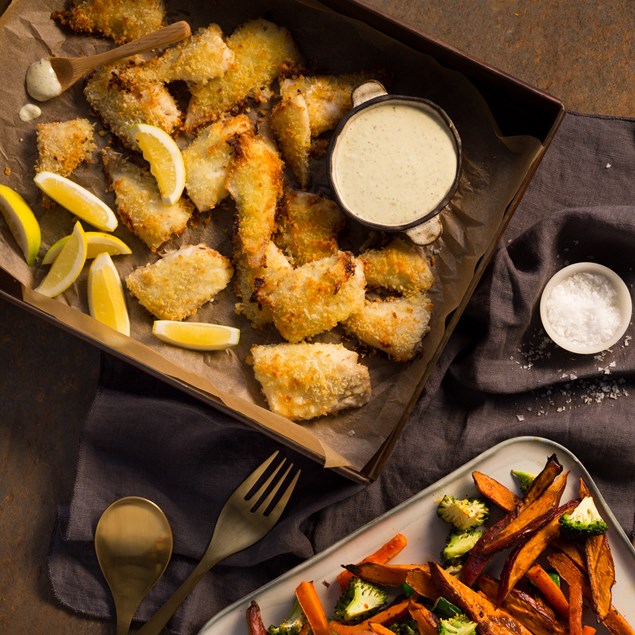 Crumbed Fish & Veggie Tray Bake with Tartare Sauce