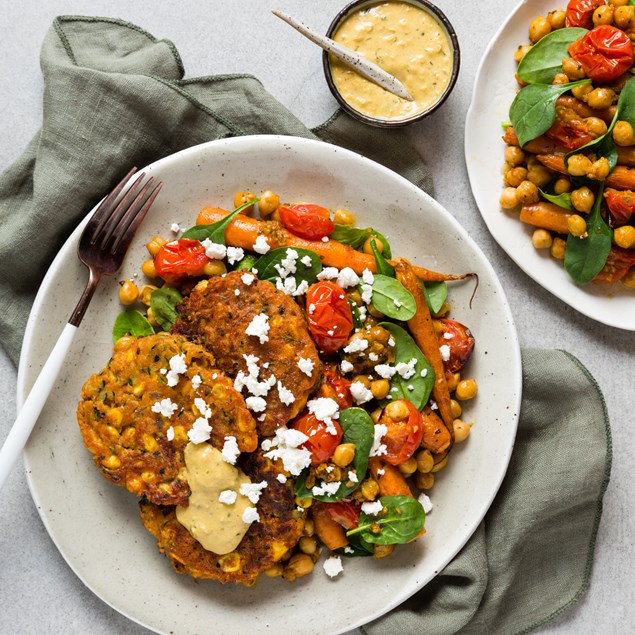 Moroccan Corn Fritters with Roasted Baby Carrot Salad & Chermoula Aioli ...