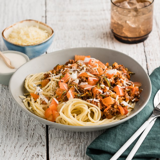 Beef Spaghetti Bolognese with Garlic Cream & Parmesan