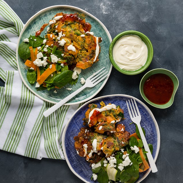 Bacon Kumara Fritters with Salad & Sour Cream