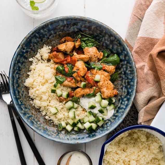 15-Minute Greek Chicken Bowl with Couscous & Tzatziki