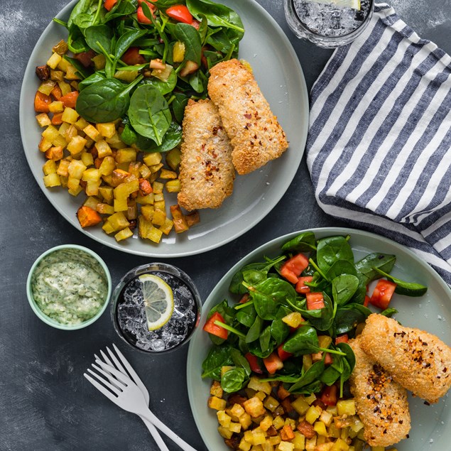 Crispy Pre-Crumbed Orange Baked Fish with Roasties & Herb Aioli