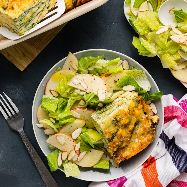 Cheesy Spinach & Corn Quiche with Apple Almond Salad