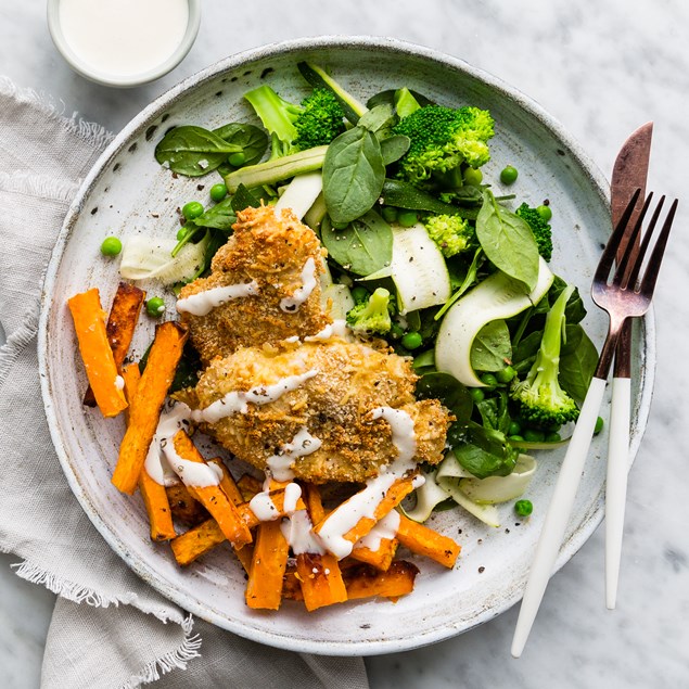 Parmesan Chicken Schnitzel with Kumara Roasties & Garlic Aioli