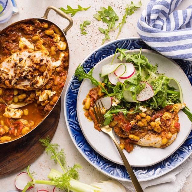 Moroccan Chicken Bake with White Beans & Feta Rocket Salad