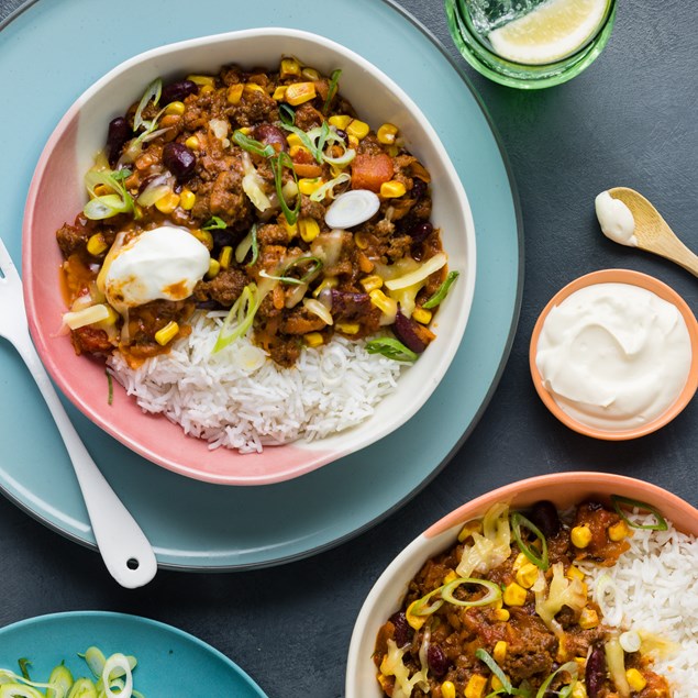 Beef Chilli Rice Bowls with Cheese & Sour Cream