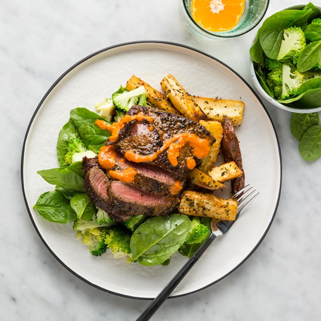 Seared Beef Steak with Roasted Winter Vegetables & Romesco