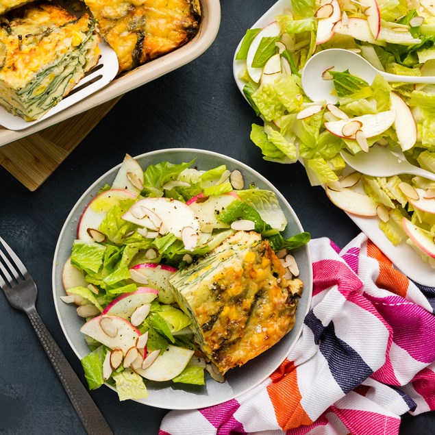 Cheesy Spinach & Corn Quiche with Almond Salad