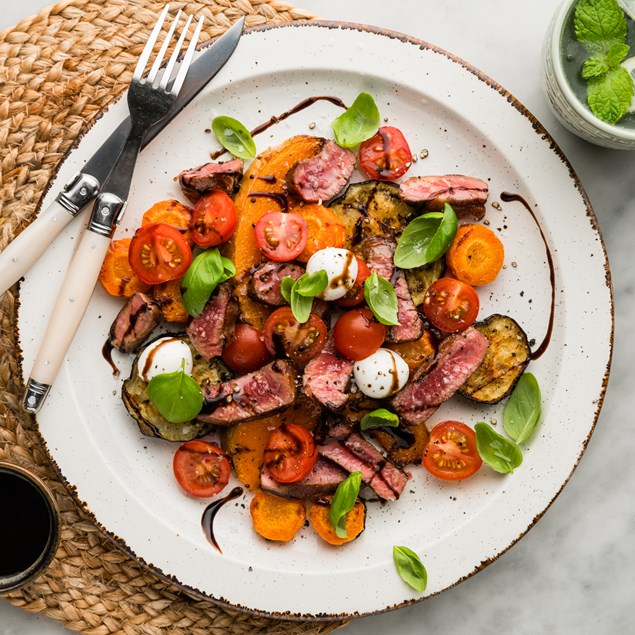 Italian Seared Beef Caprese with Roasted Vegetables & Balsamic Glaze