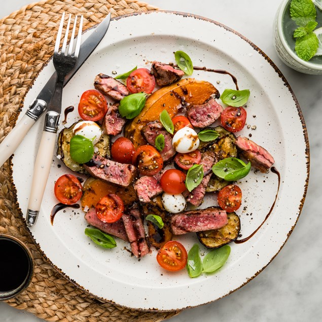 Italian Seared Beef Caprese with Roasted Vegetables & Balsamic Glaze