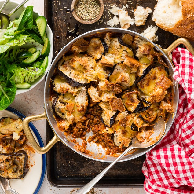 Cheesy Lentil & Eggplant Parmigiana with Ciabatta Crumble