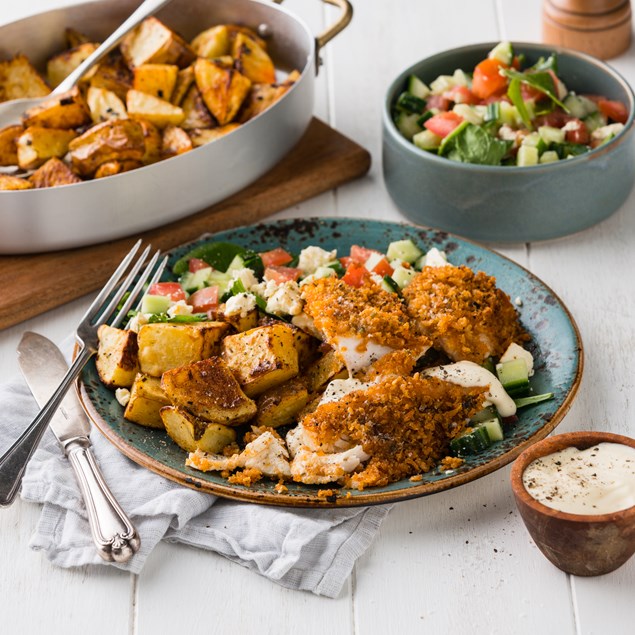 Oregano Crumbed Fish with Greek Roast Potatoes & Feta